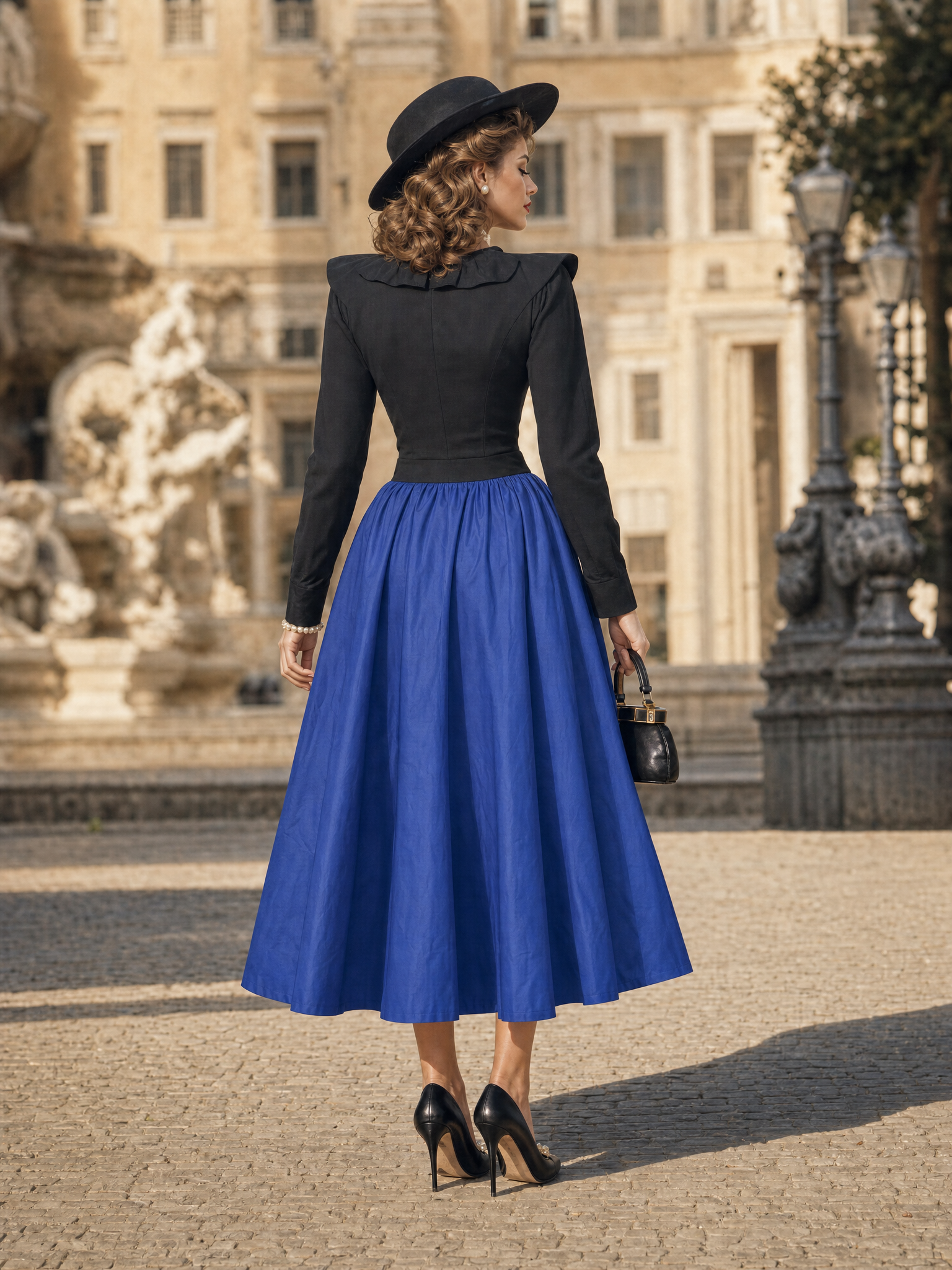 Vintage Contrast Ruffle Collar Swing Midi Dress