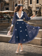 Vintage Navy Chiffon Midi Dress White Lapel Bow Belt Flowy Dress