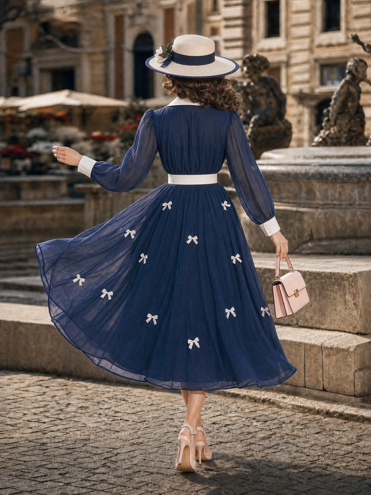 Vintage Navy Chiffon Midi Dress White Lapel Bow Belt Flowy Dress
