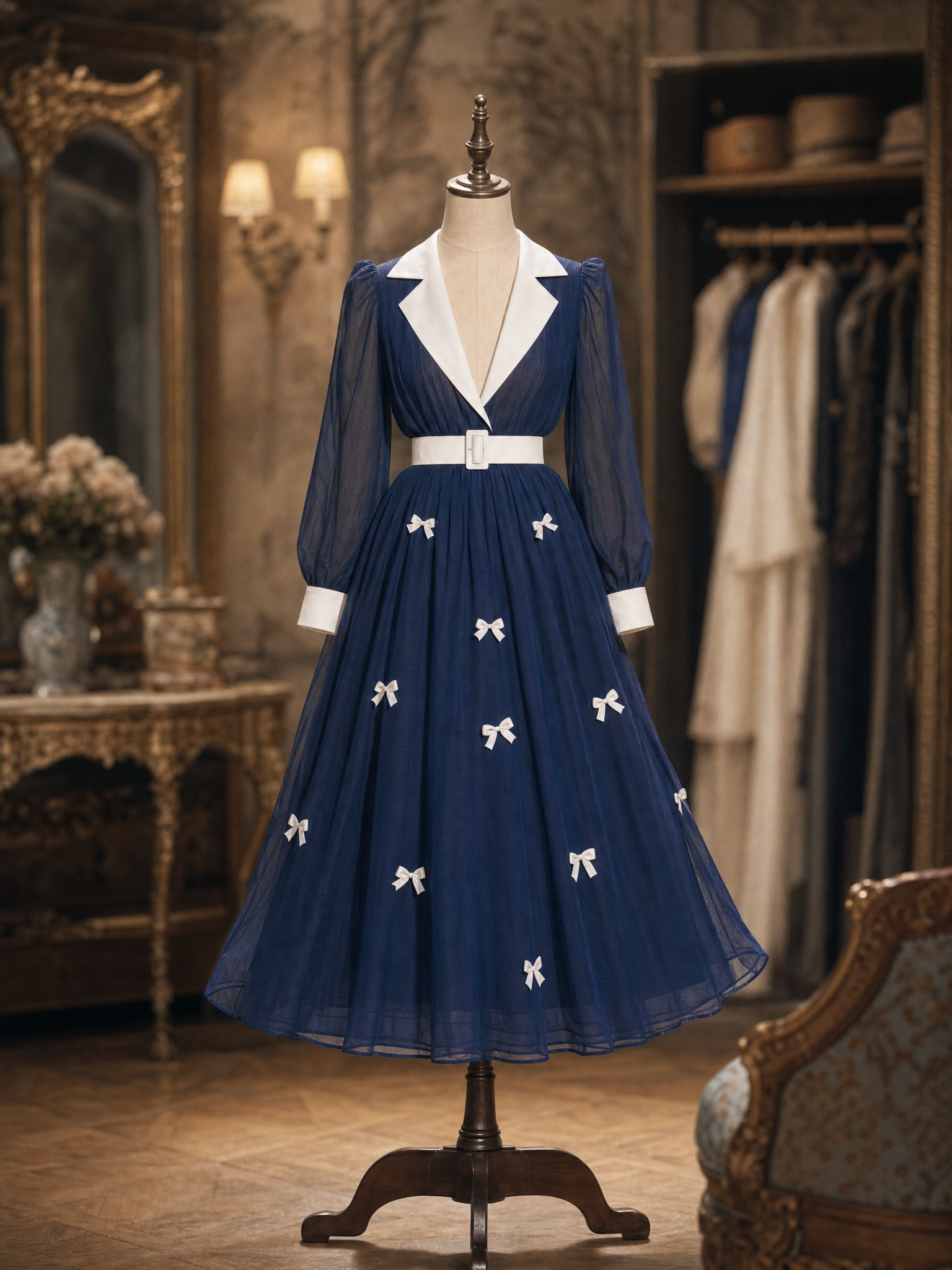 Vintage Navy Chiffon Midi Dress White Lapel Bow Belt Flowy Dress