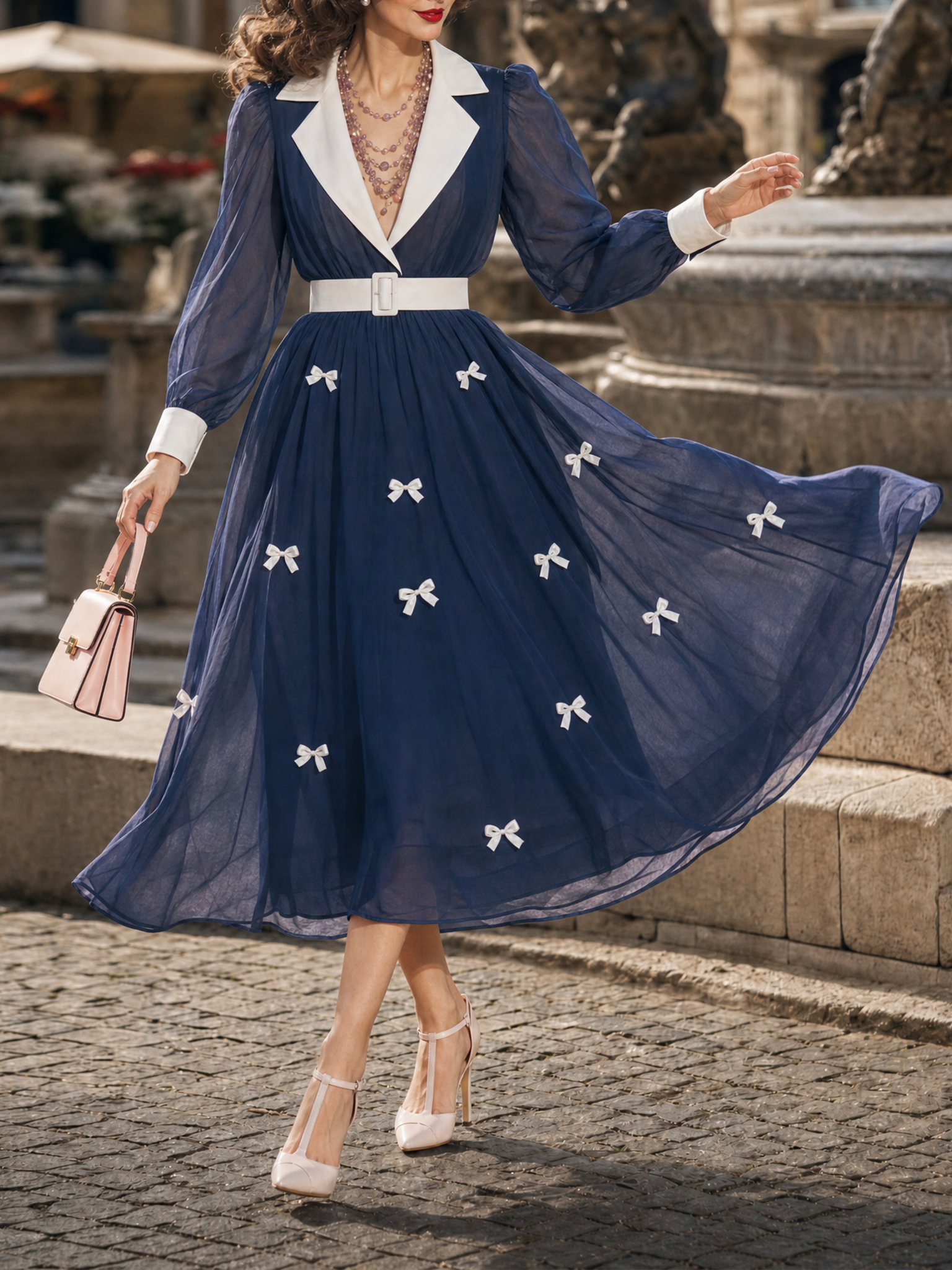 Vintage Navy Chiffon Midi Dress White Lapel Bow Belt Flowy Dress