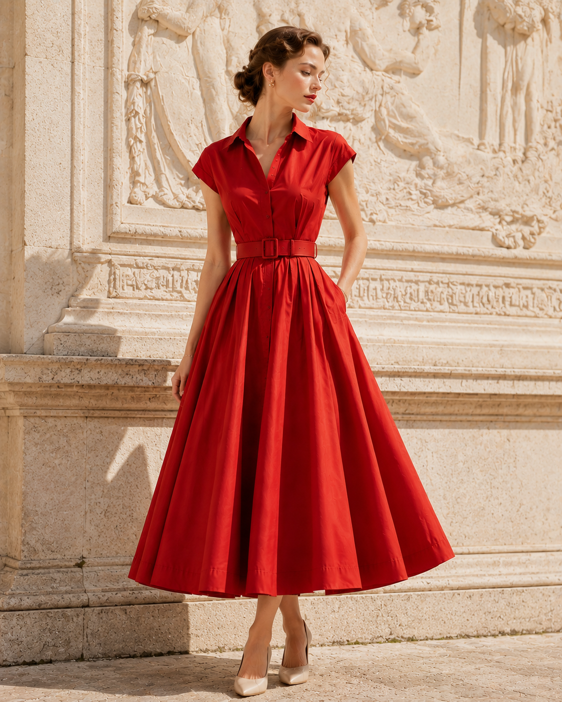 Vintage Red Fit-and-Flare Cotton Maxi Dress