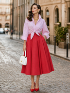 Vintage Red Pleated High Waist A-Line With Pockets Midi Skirt