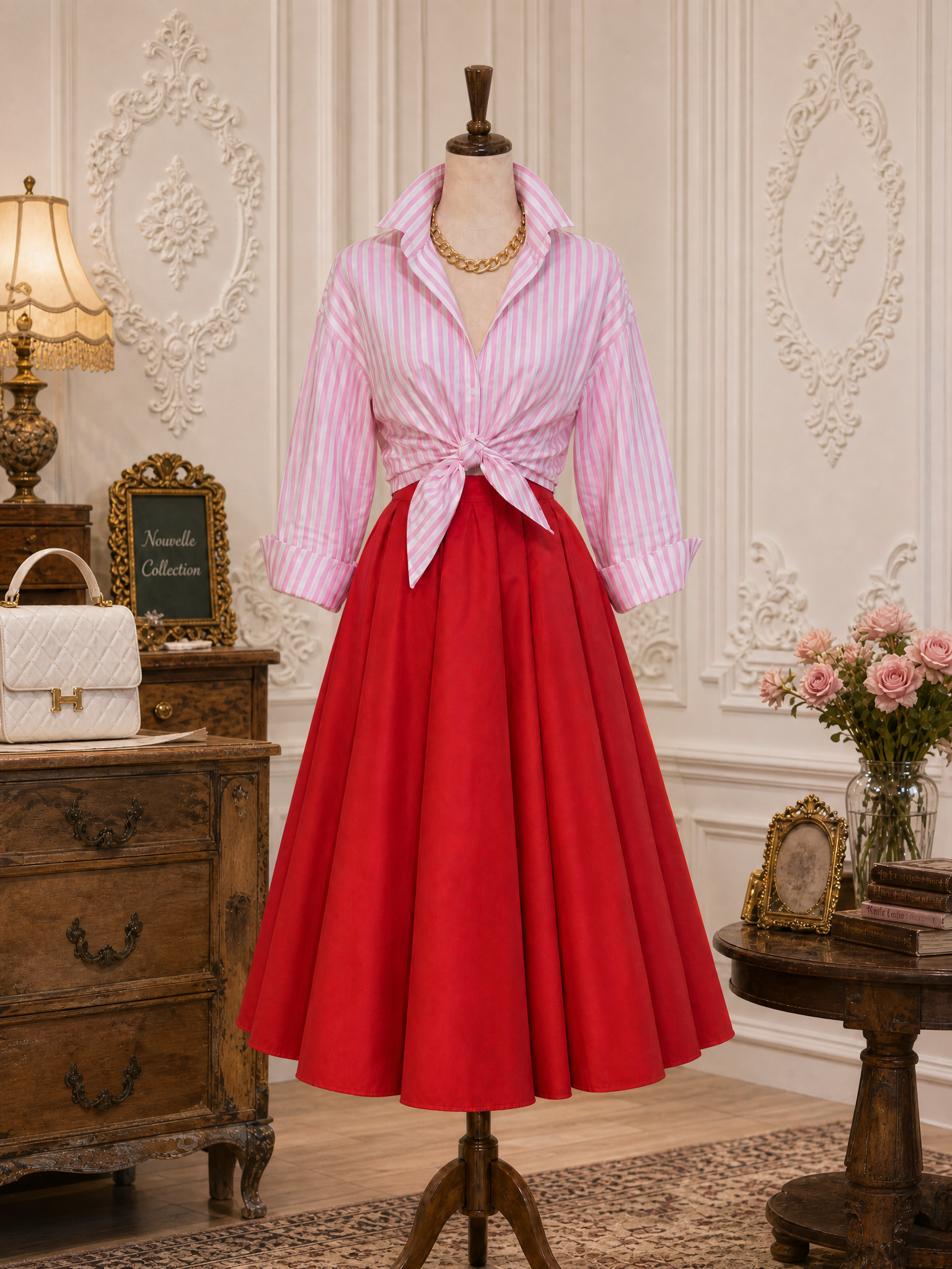 Vintage Red Pleated High Waist A-Line With Pockets Midi Skirt