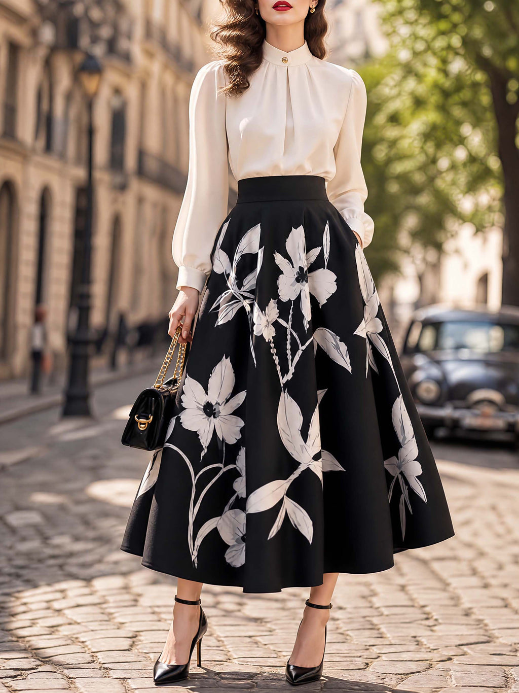Vintage Black White Floral Print Maxi Swing Skirt