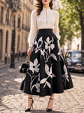 Vintage Black White Floral Print Maxi Swing Skirt