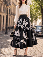 Vintage Black White Floral Print Maxi Swing Skirt