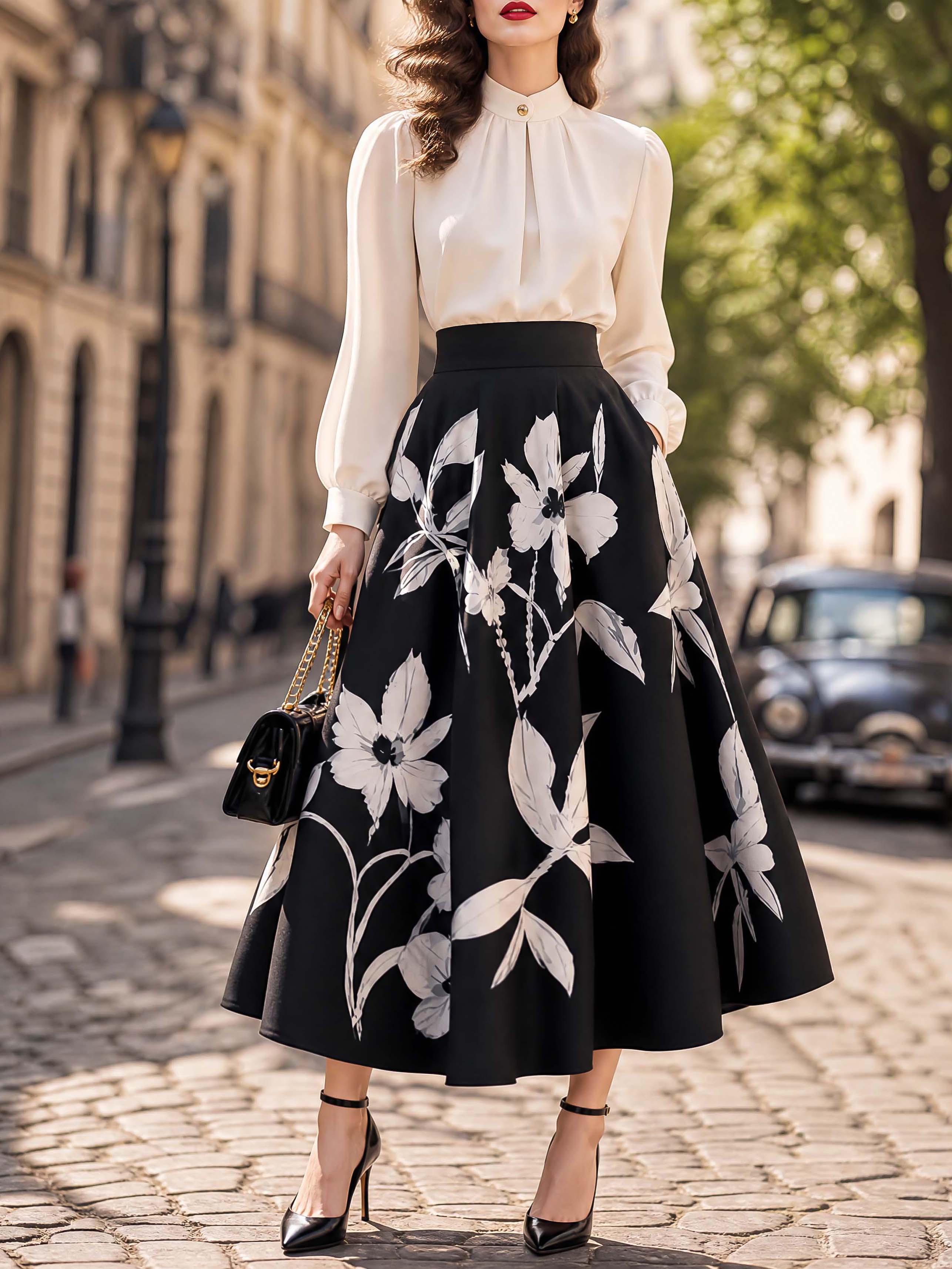 Vintage Black White Floral Print Maxi Swing Skirt