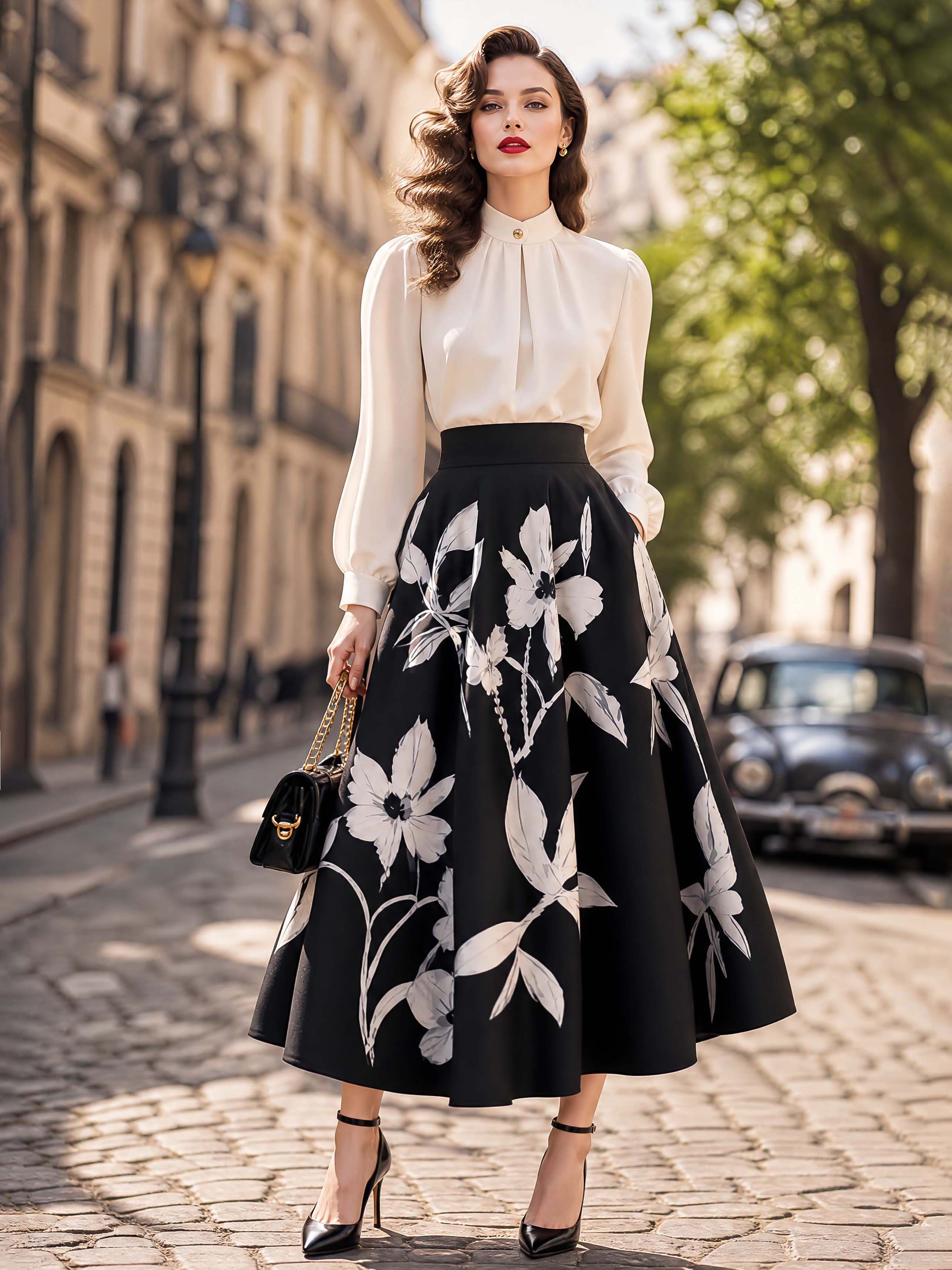 Vintage Black White Floral Print Maxi Swing Skirt