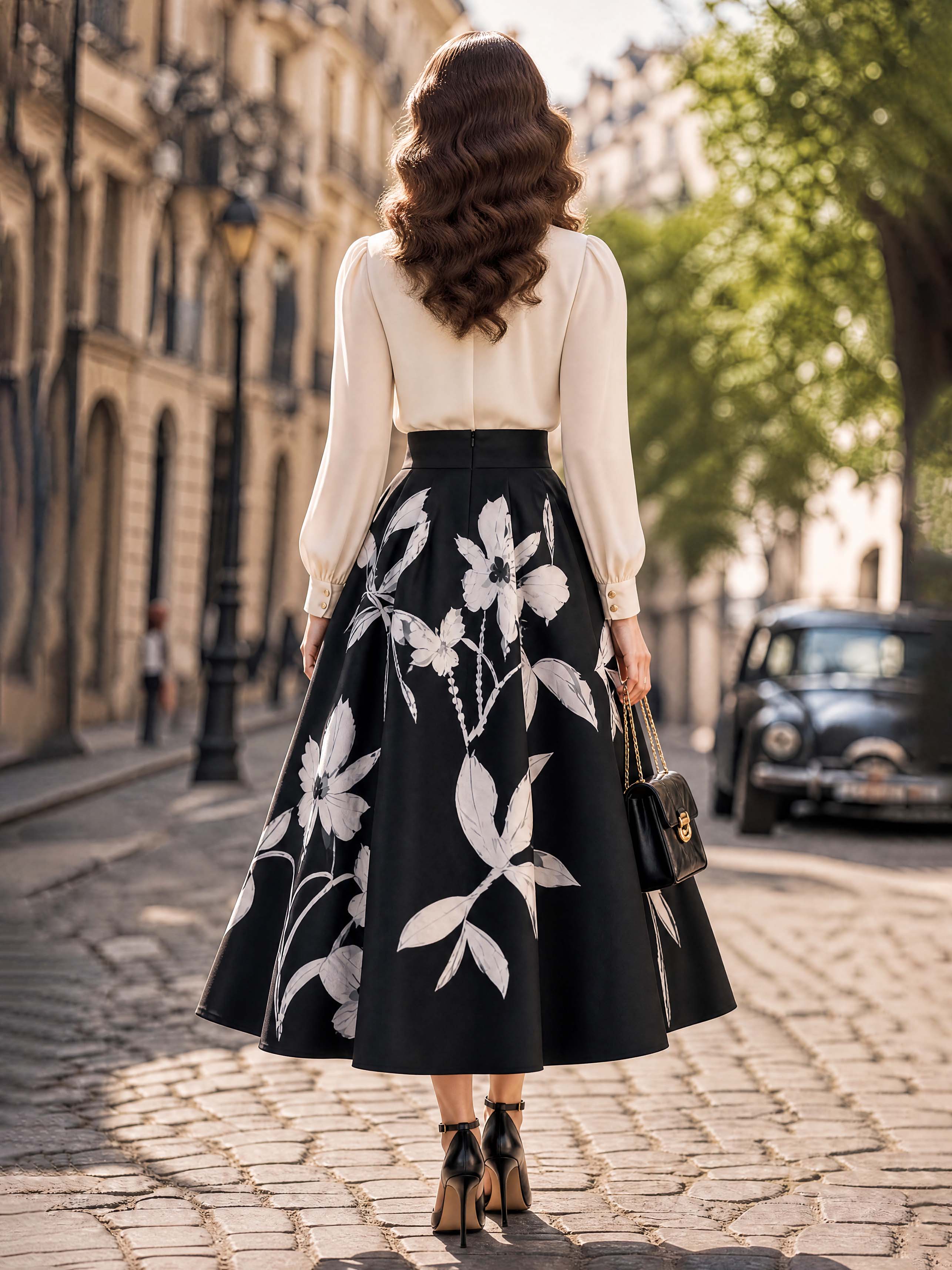 Vintage Black White Floral Print Maxi Swing Skirt