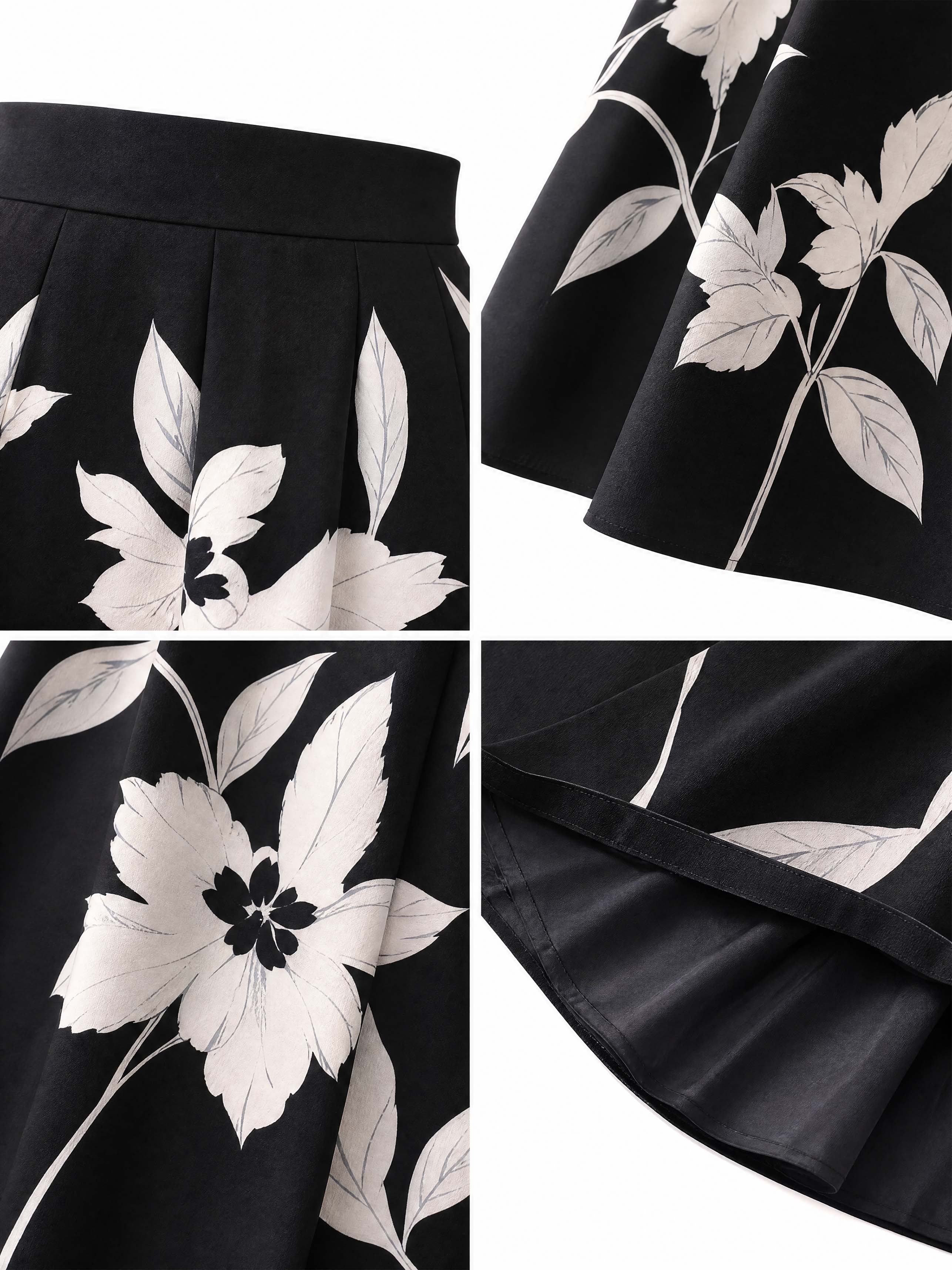 Vintage Black White Floral Print Maxi Swing Skirt