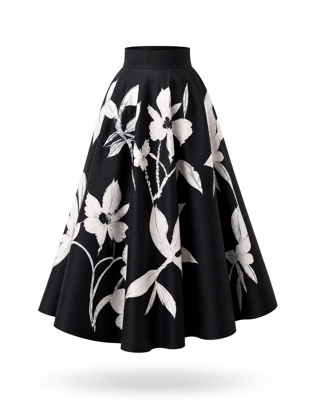 Vintage Black White Floral Print Maxi Swing Skirt