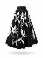 Vintage Black White Floral Print Maxi Swing Skirt