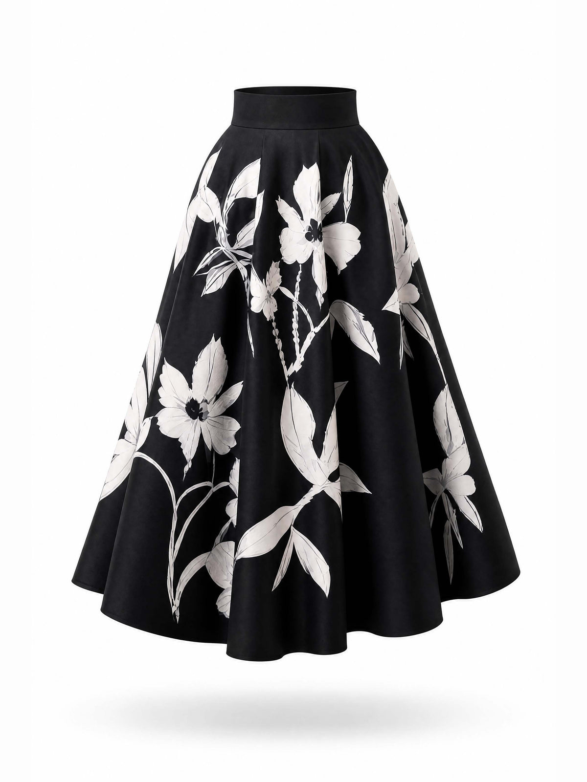 Vintage Black White Floral Print Maxi Swing Skirt