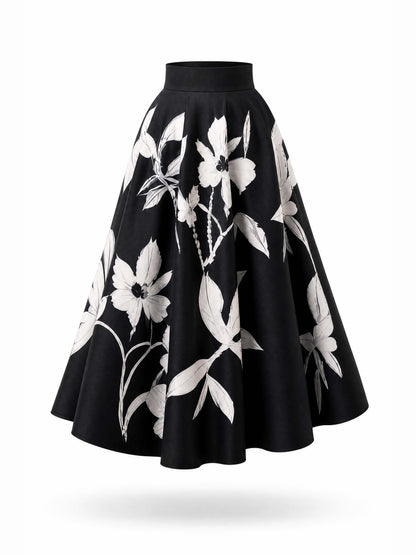 Vintage Black White Floral Print Maxi Swing Skirt