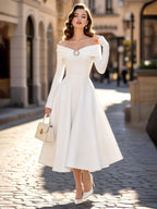 French Off Shoulder Rhinestone Midi Swing Dress