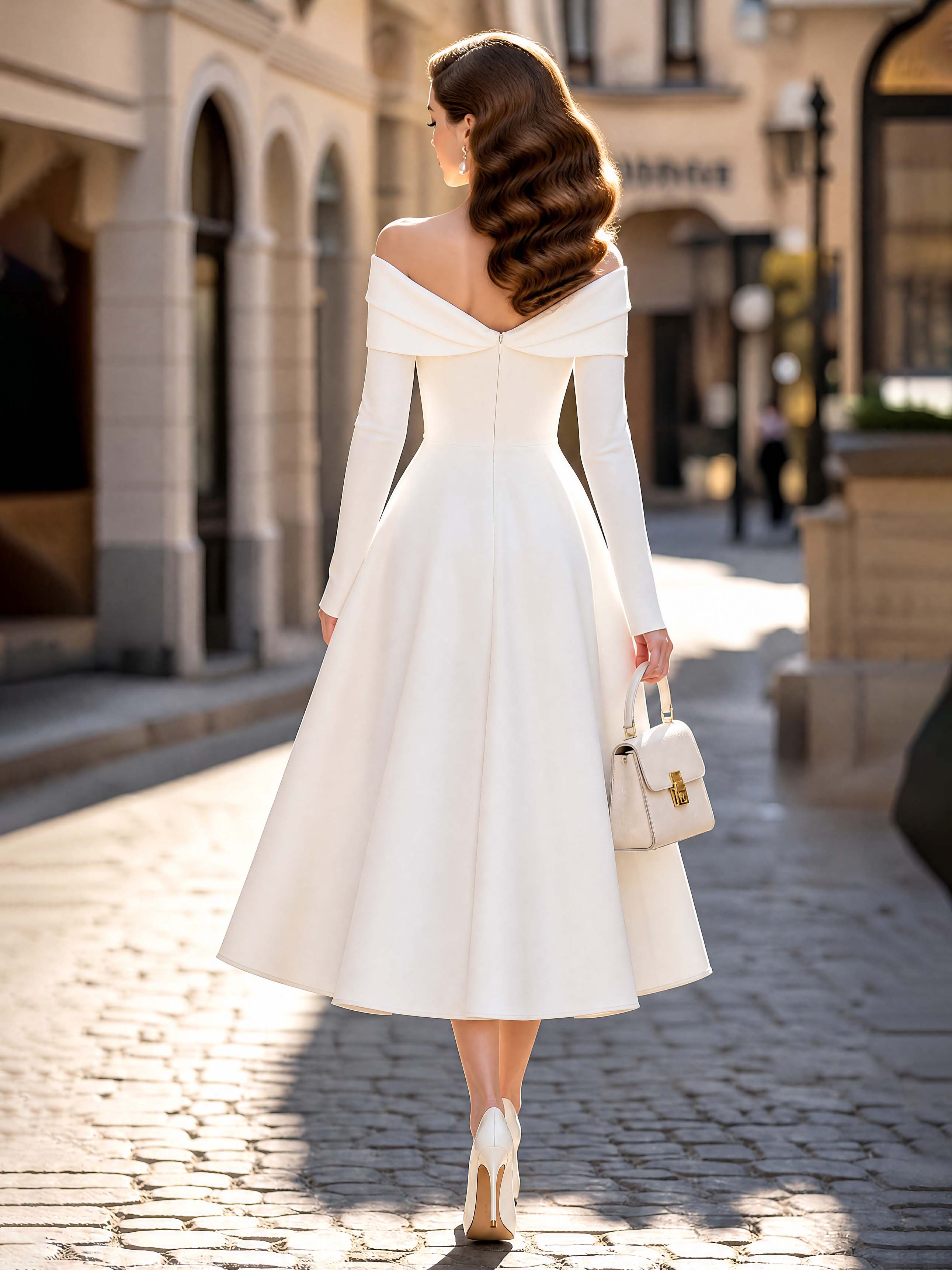 French Off Shoulder Rhinestone Midi Swing Dress