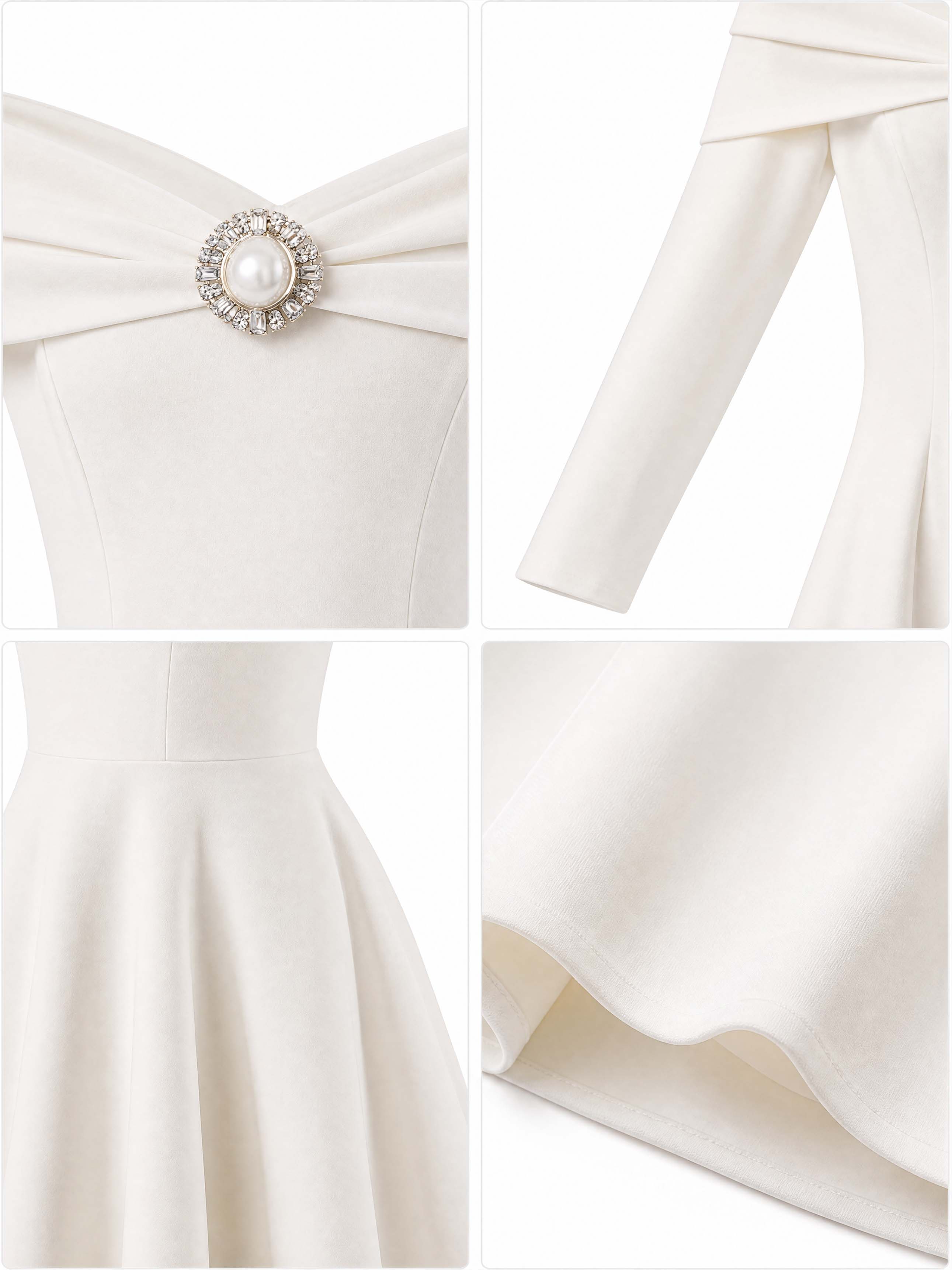 French Off Shoulder Rhinestone Midi Swing Dress