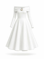 French Off Shoulder Rhinestone Midi Swing Dress