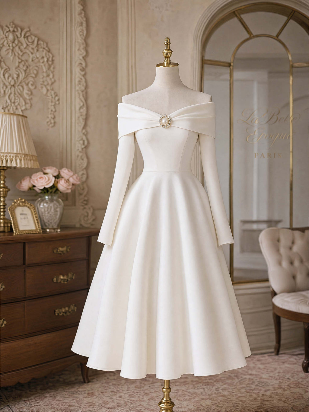 French Off Shoulder Rhinestone Midi Swing Dress