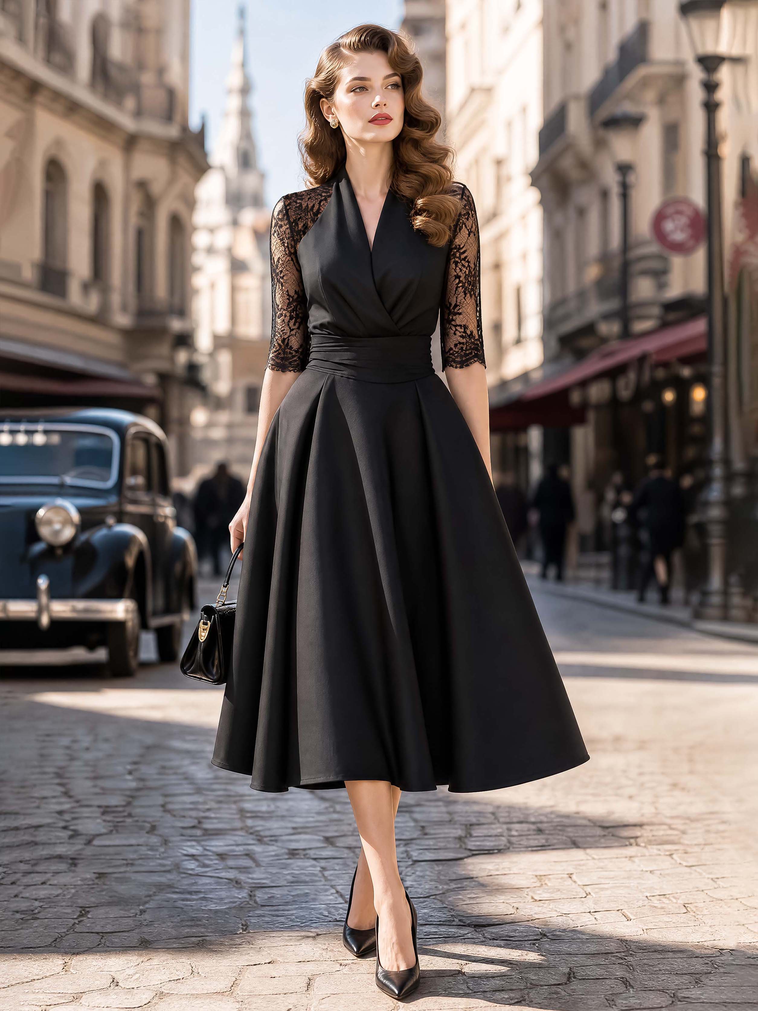 Vintage Lace Spliced Black Midi Party Dress