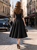 Vintage Lace Spliced Black Midi Party Dress