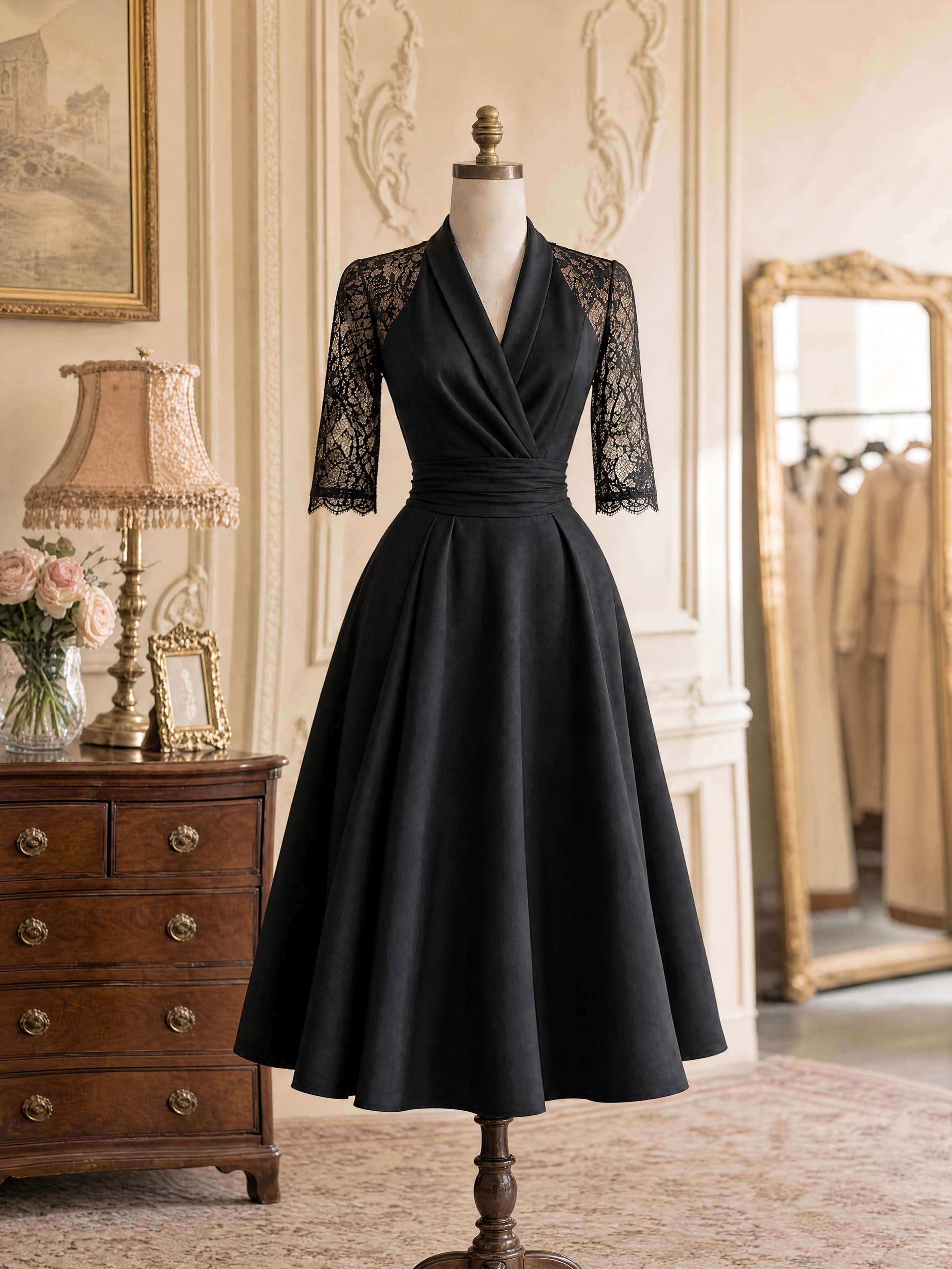 Vintage Lace Spliced Black Midi Party Dress