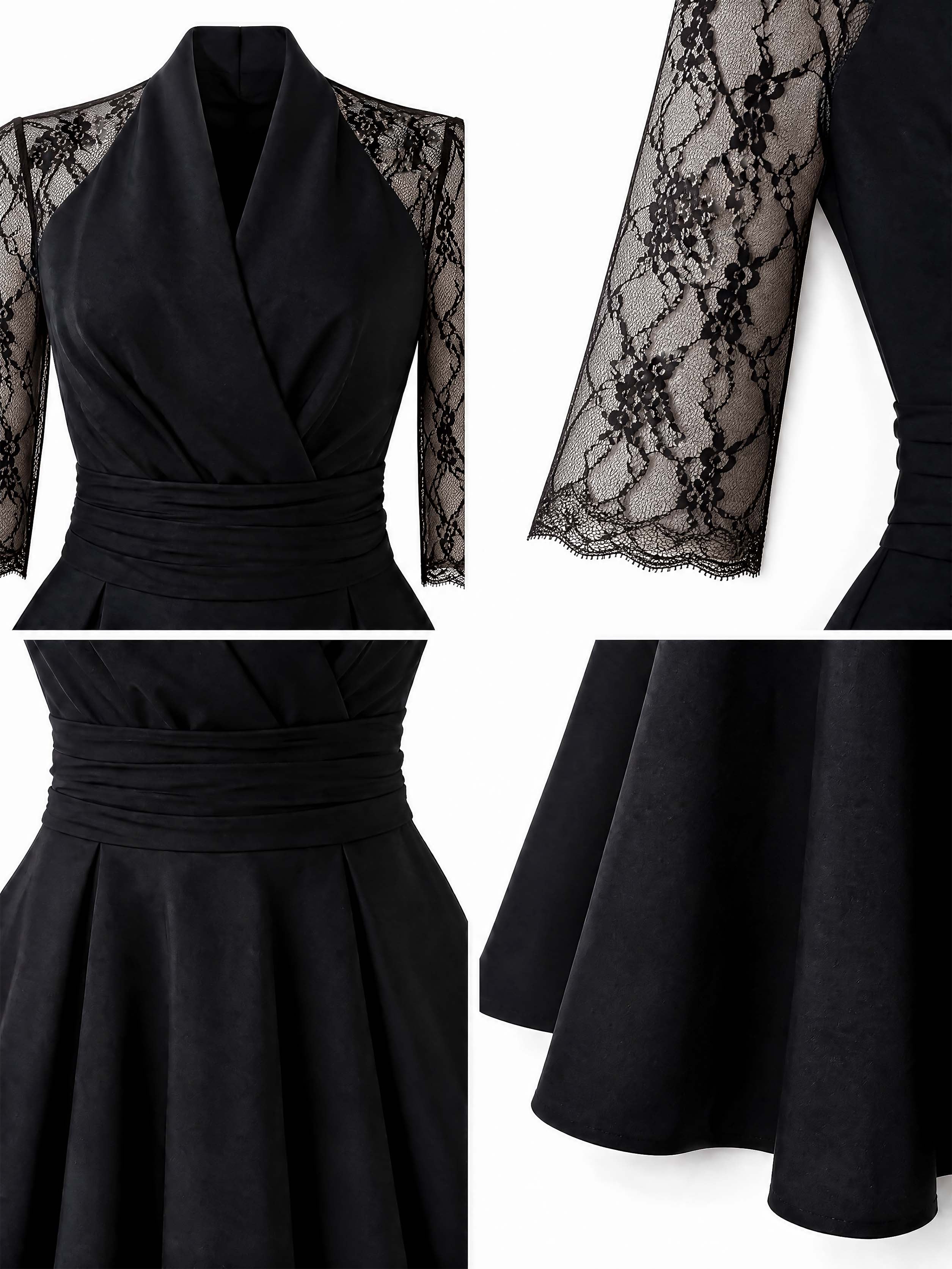 Vintage Lace Spliced Black Midi Party Dress