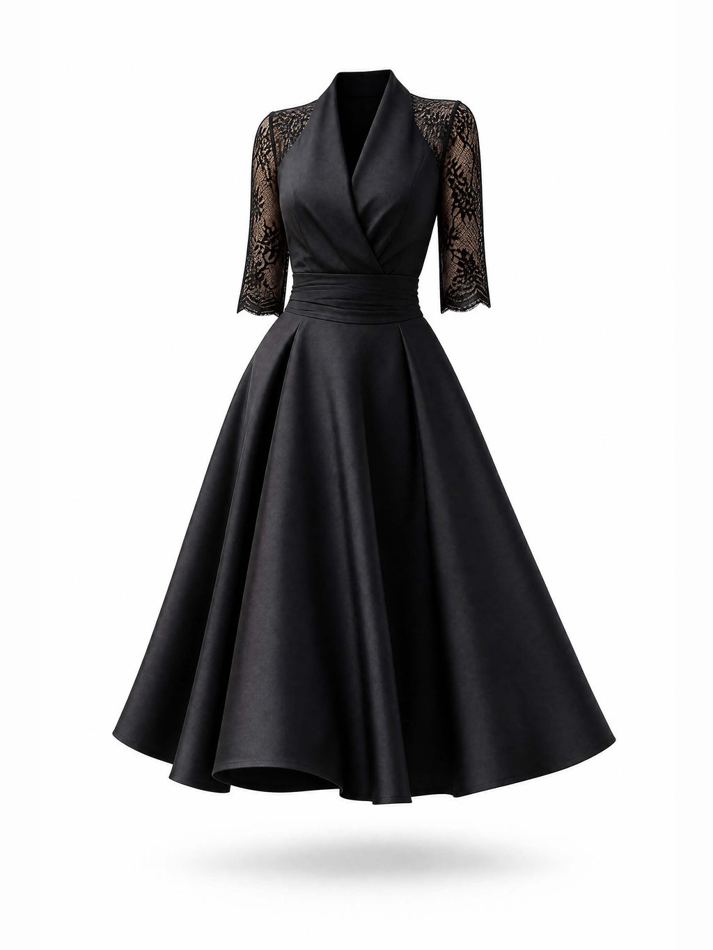 Vintage Lace Spliced Black Midi Party Dress