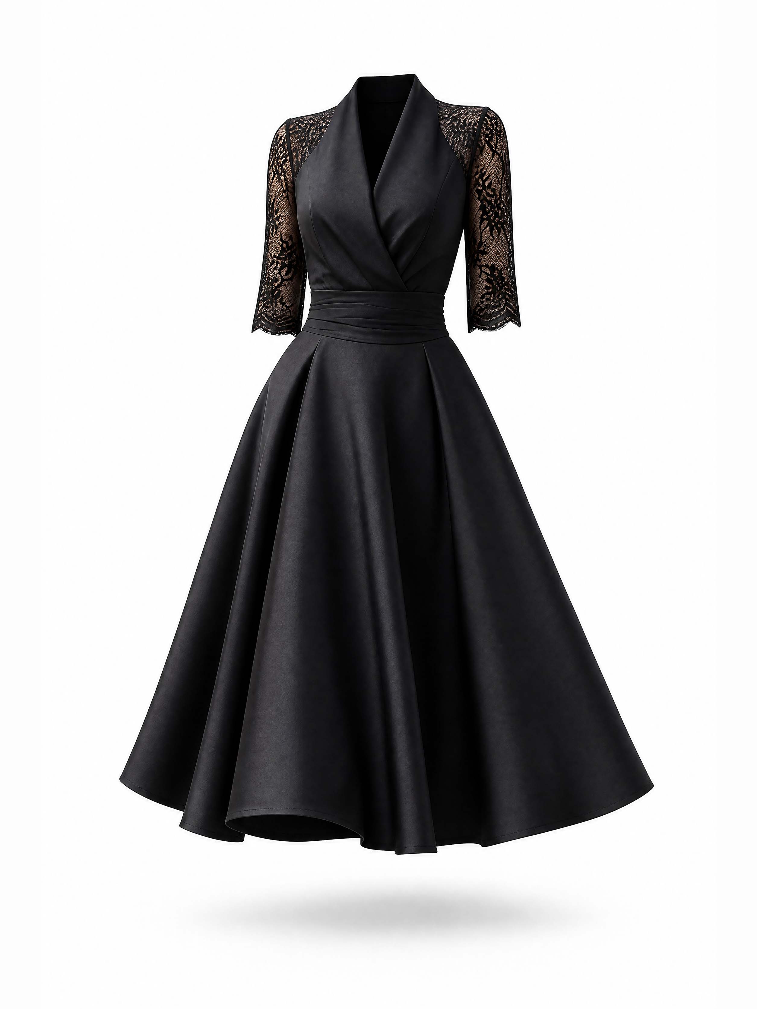 Vintage Lace Spliced Black Midi Party Dress