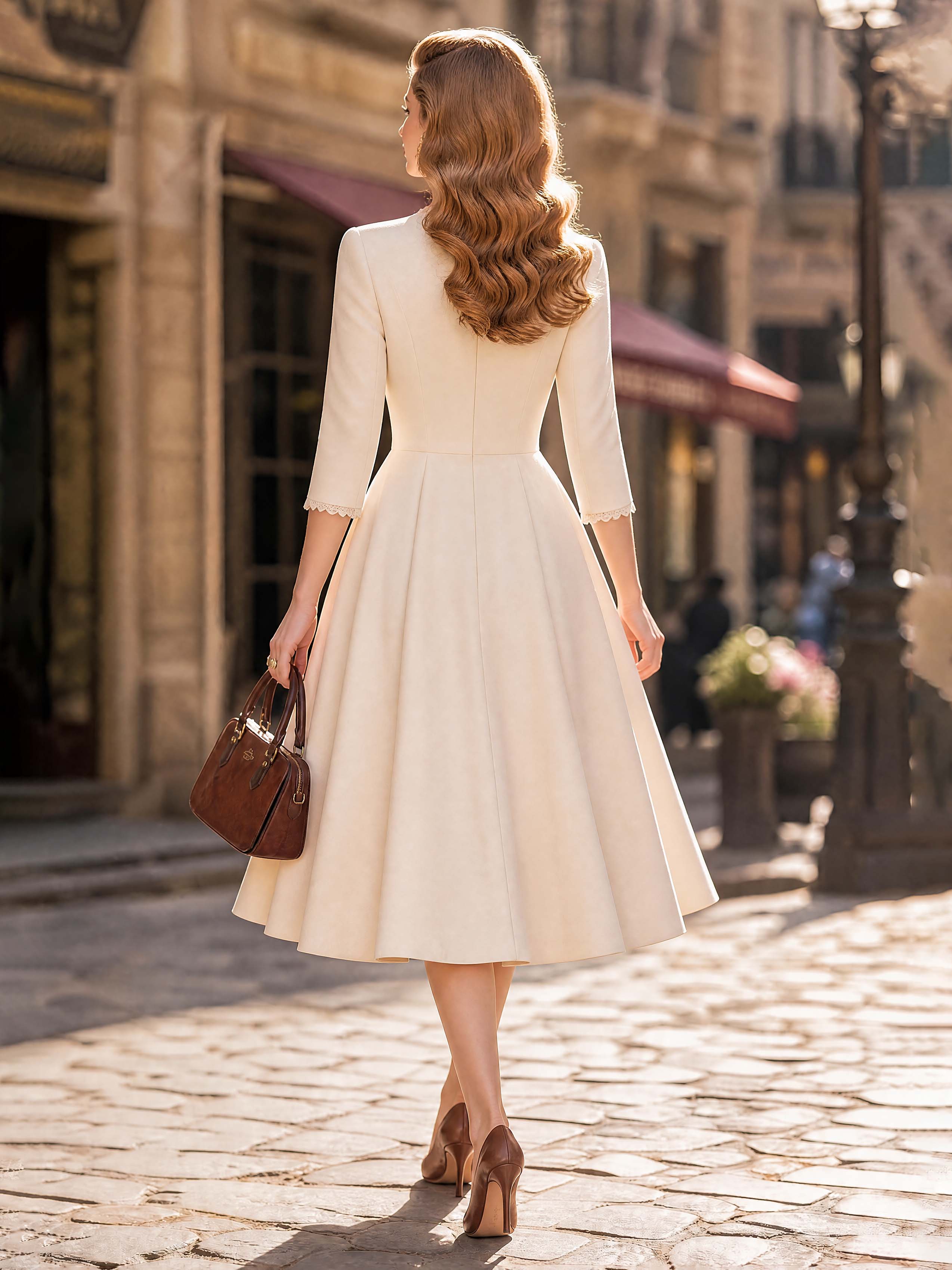 Vintage Bow Lace Trim Half Sleeve Swing Midi Dress