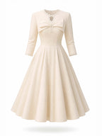 Vintage Bow Lace Trim Half Sleeve Swing Midi Dress