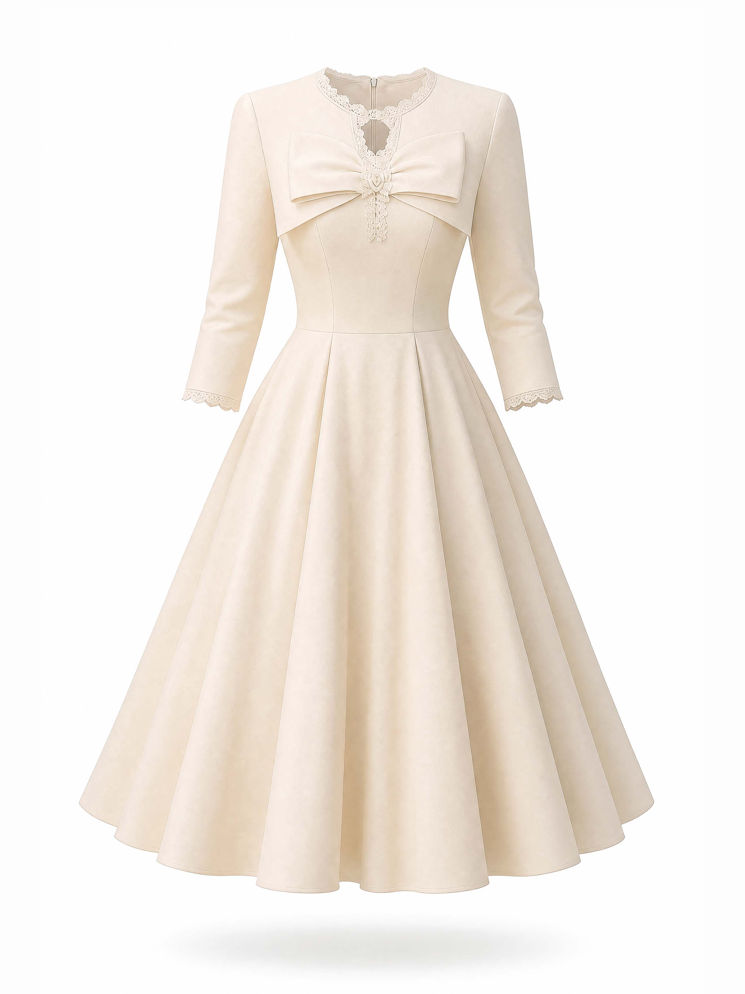 Vintage Bow Lace Trim Half Sleeve Swing Midi Dress