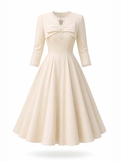 Vintage Bow Lace Trim Half Sleeve Swing Midi Dress