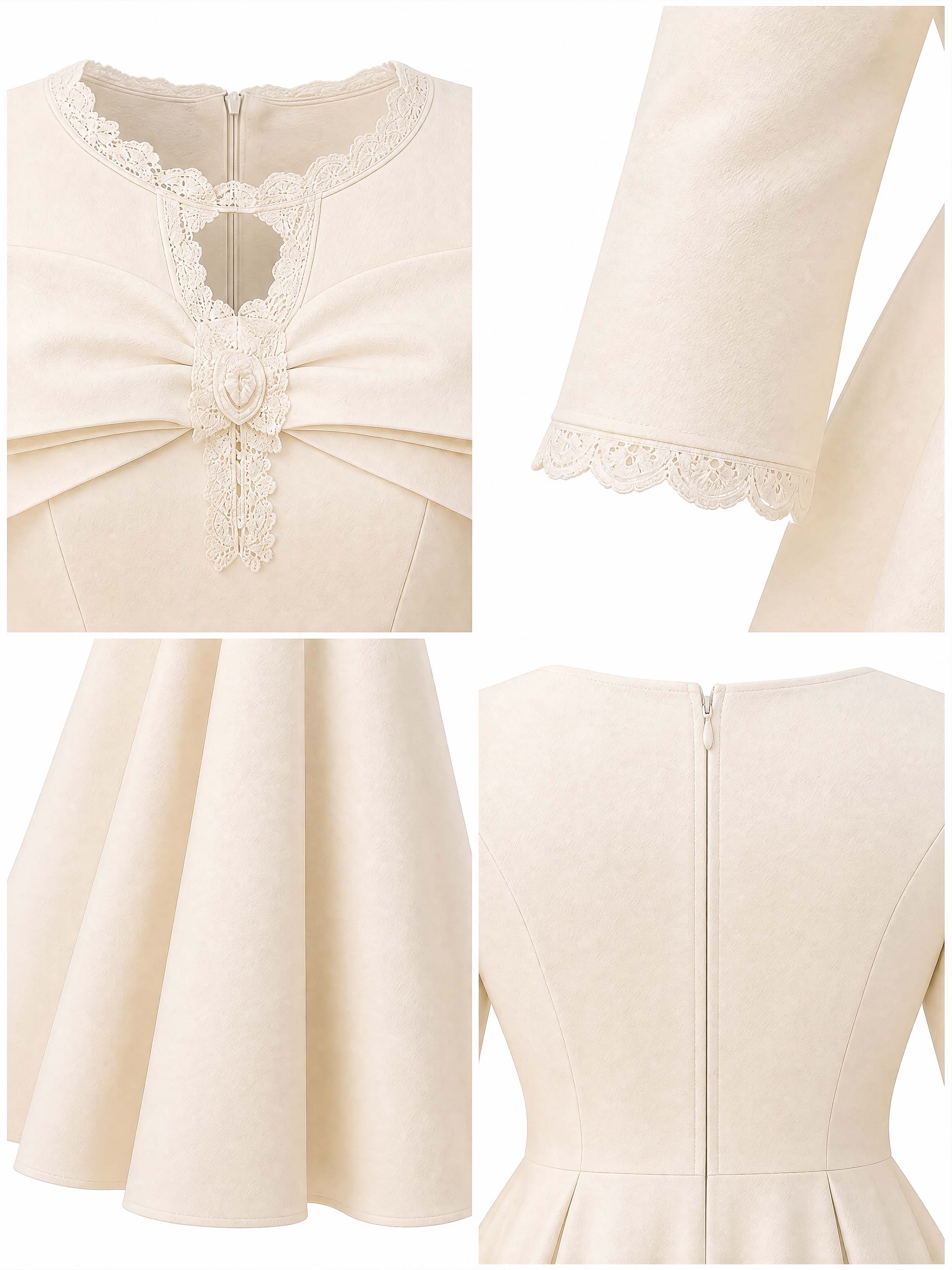 Vintage Bow Lace Trim Half Sleeve Swing Midi Dress
