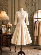 Vintage Bow Lace Trim Half Sleeve Swing Midi Dress