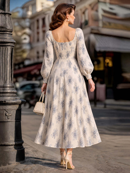 Vintage Floral Print U Neck Swing Midi Dress