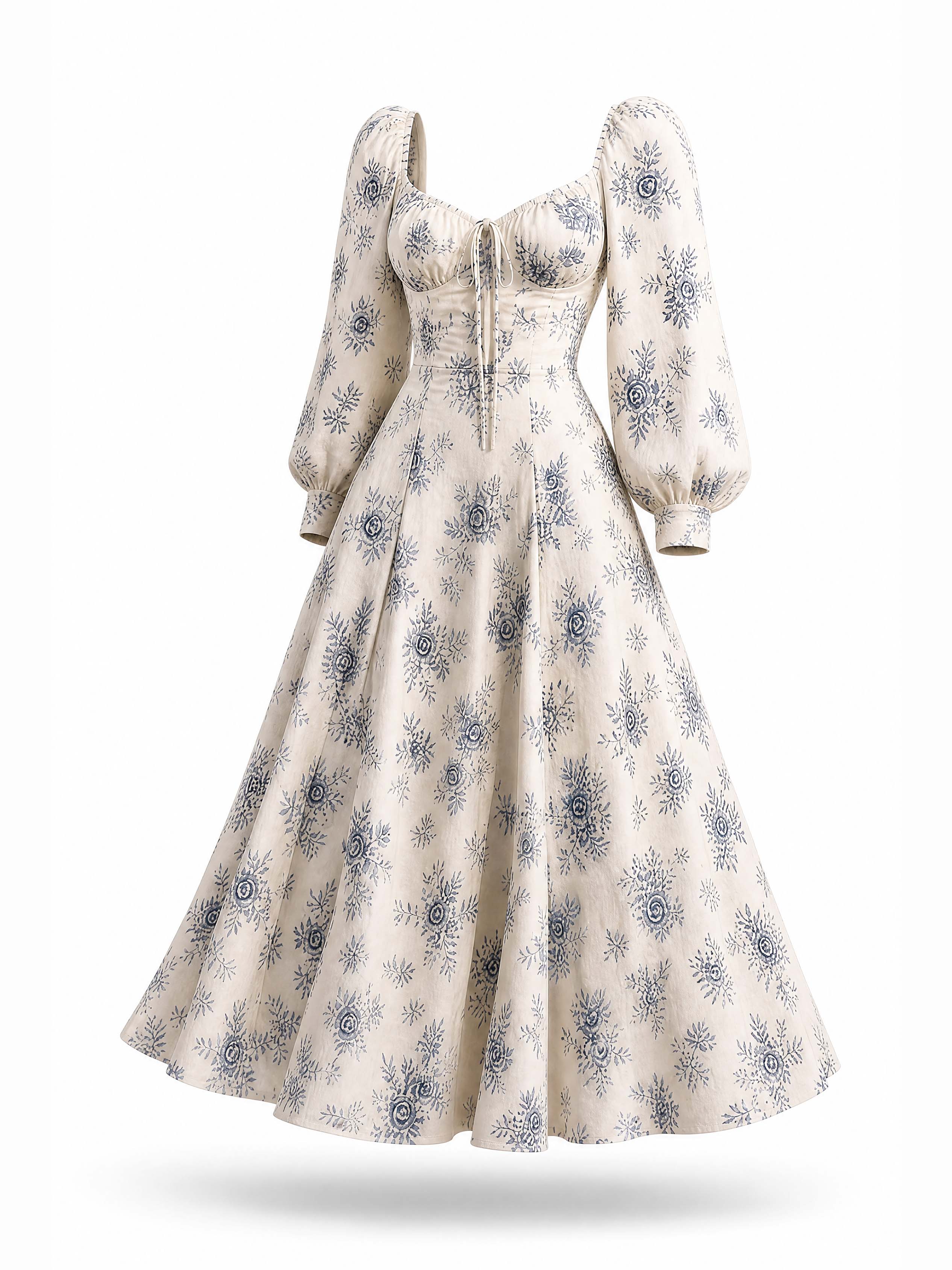 Vintage Floral Print U Neck Swing Midi Dress