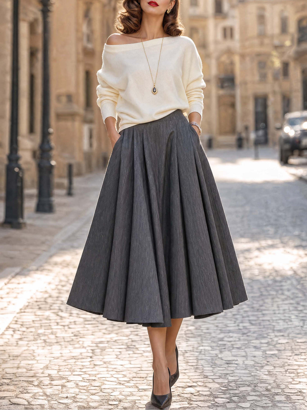 French High Waist Pleated Midi Swing Skirt
