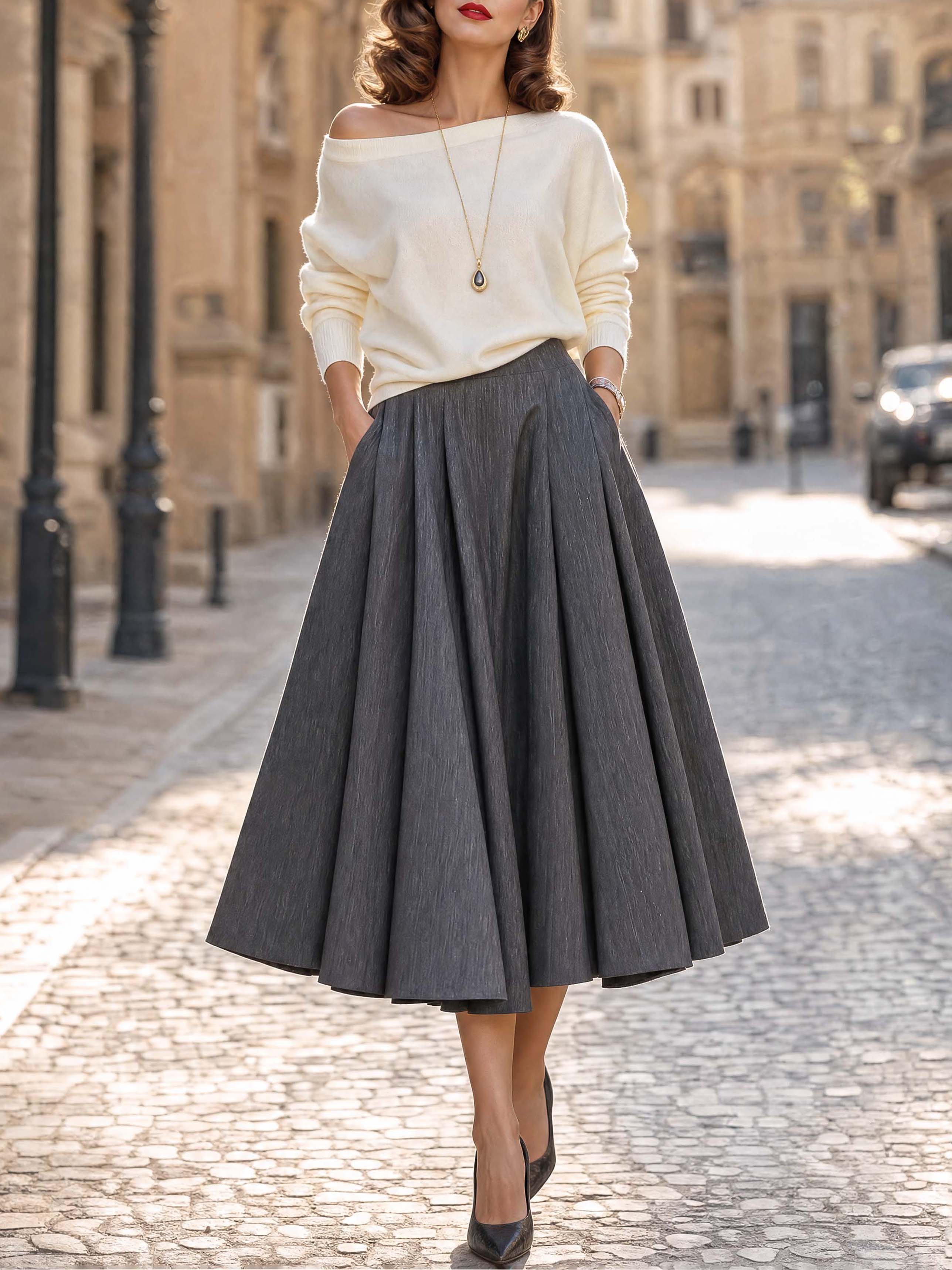 French High Waist Pleated Midi Swing Skirt
