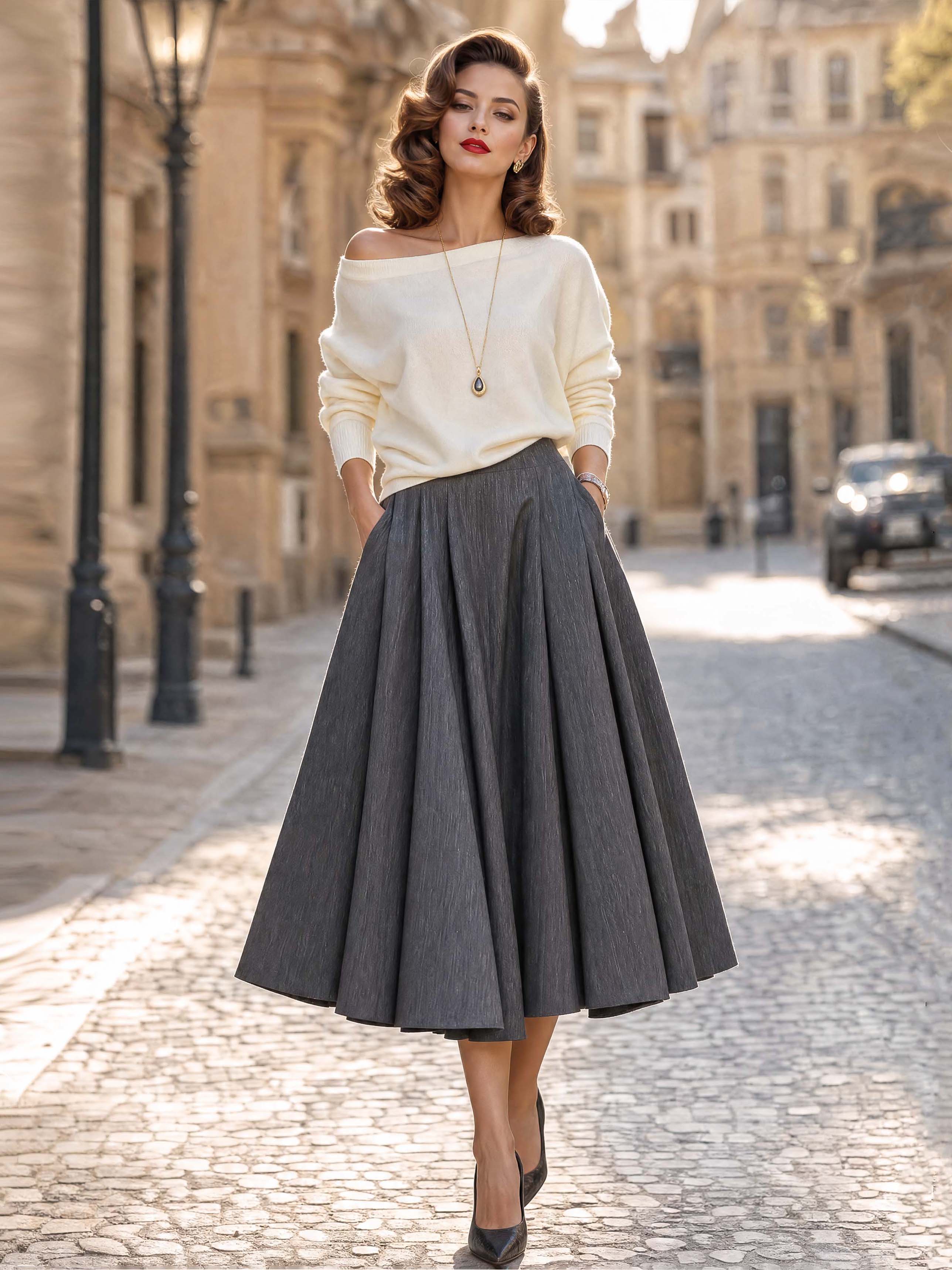 French High Waist Pleated Midi Swing Skirt