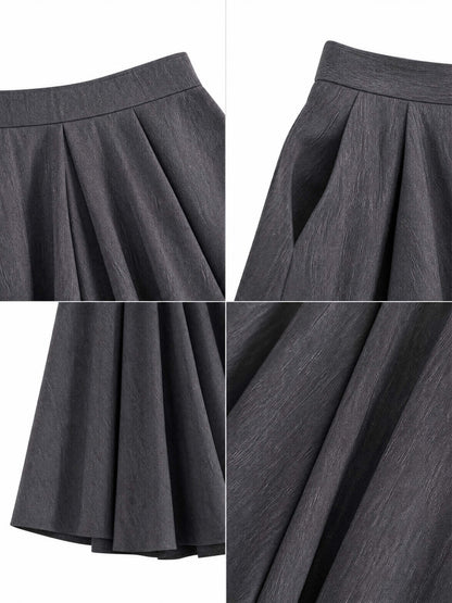 French High Waist Pleated Midi Swing Skirt