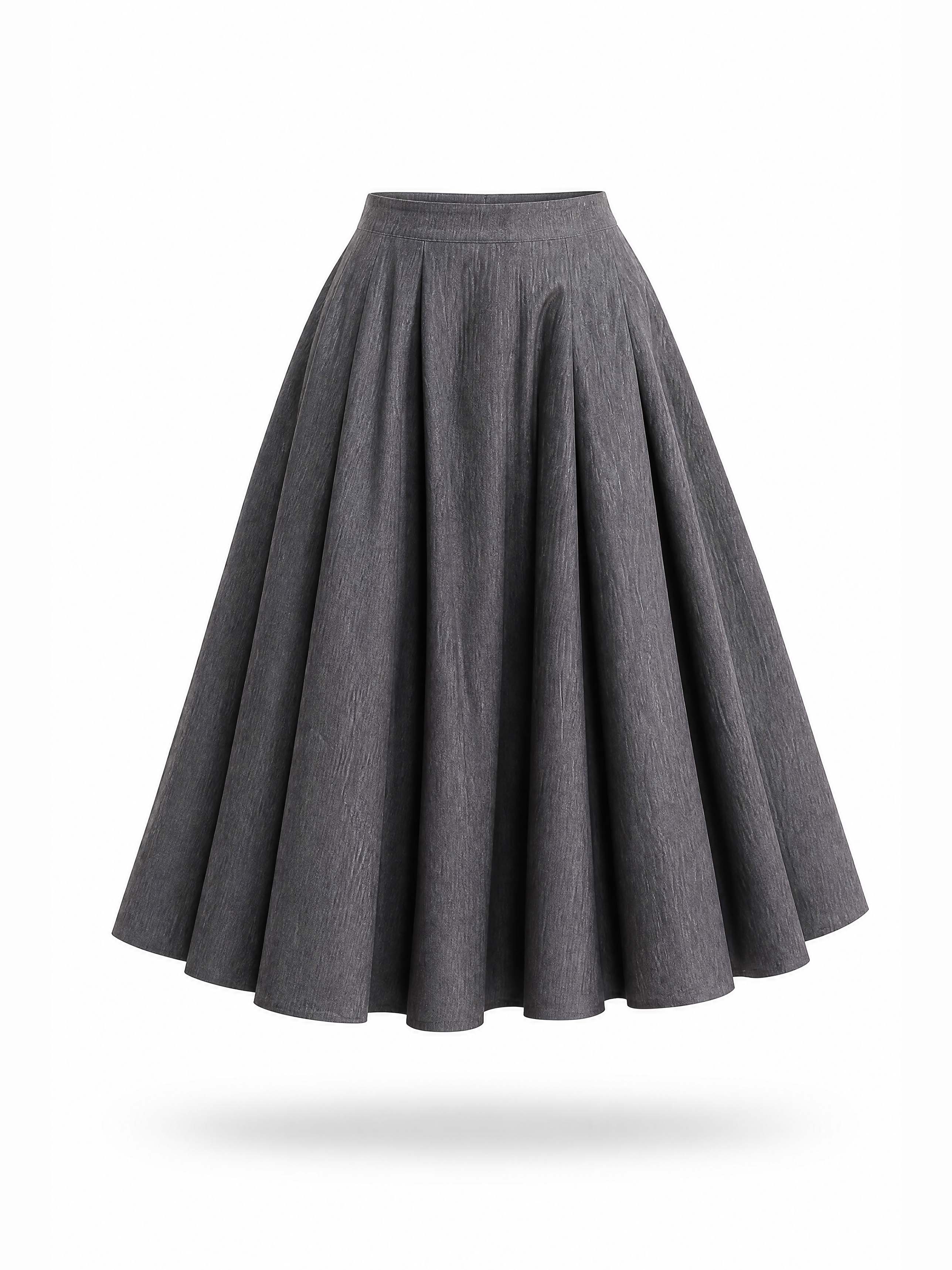 French High Waist Pleated Midi Swing Skirt
