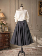 French High Waist Pleated Midi Swing Skirt