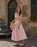 Women's Striped Top & Pink Midi Skirt Two-Piece Set
