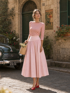 Women's Striped Top & Pink Midi Skirt Two-Piece Set