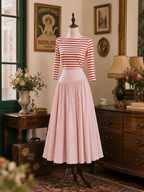 Women's Striped Top & Pink Midi Skirt Two-Piece Set