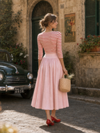 Women's Striped Top & Pink Midi Skirt Two-Piece Set
