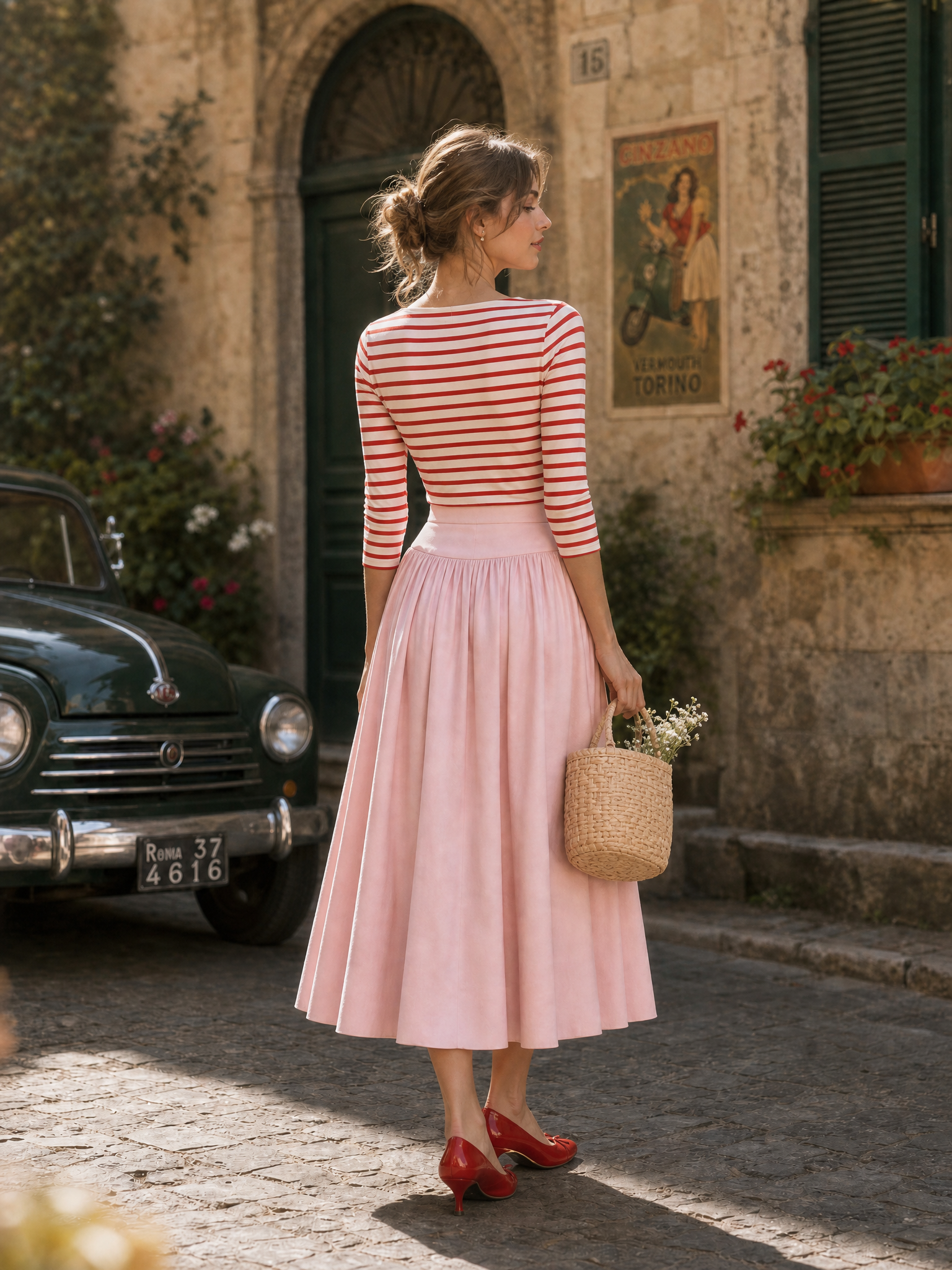 Women's Striped Top & Pink Midi Skirt Two-Piece Set