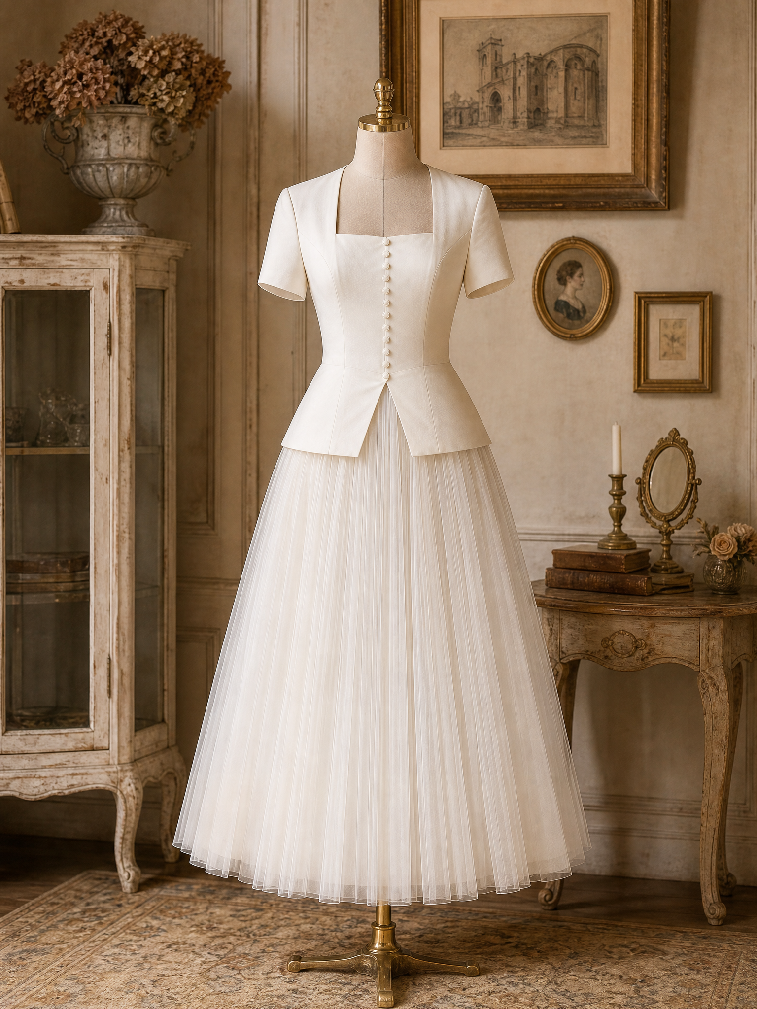 Vintage Ivory Square-Neck Peplum Top & Pleated Organza Midi Skirt Set